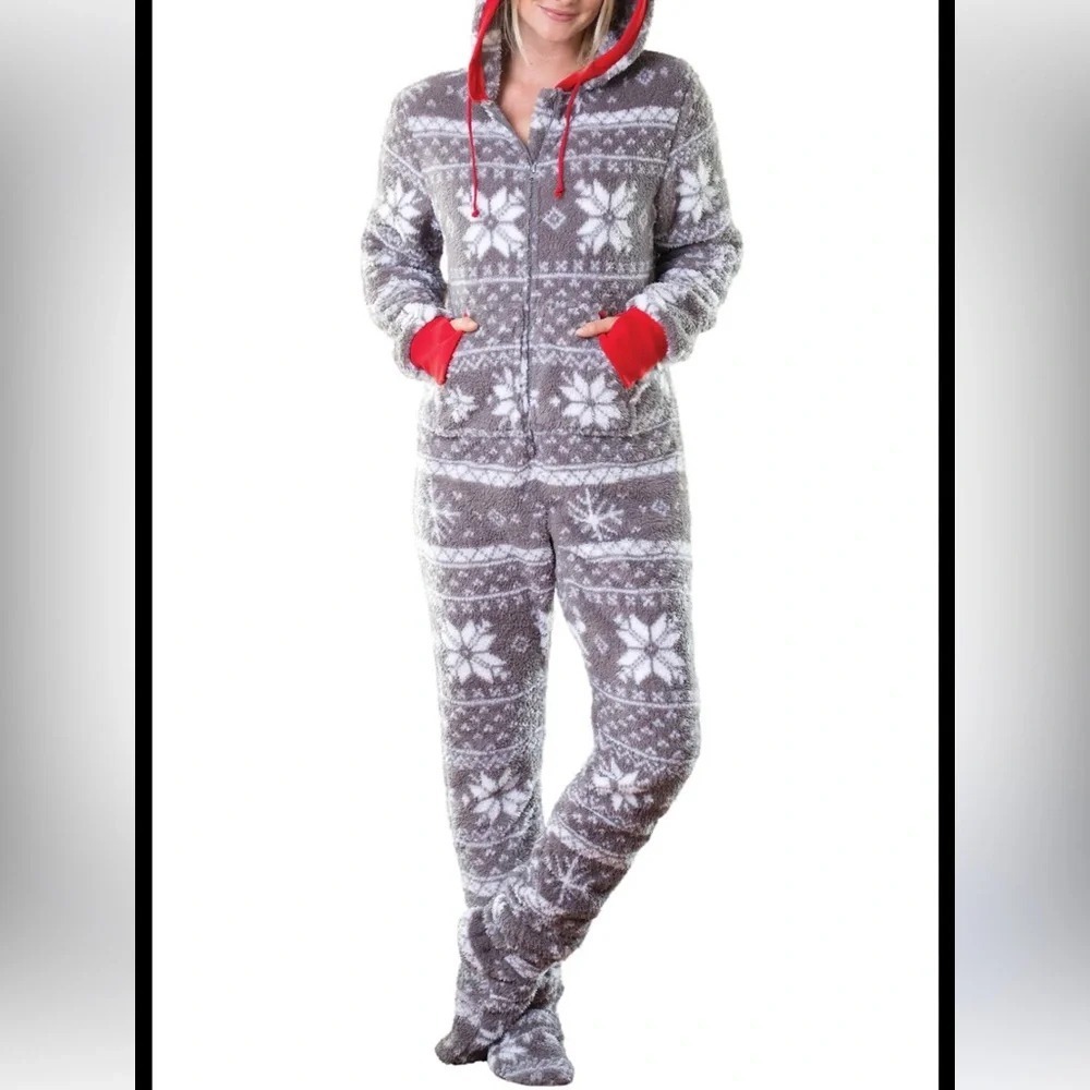 PajamaGram Hoodie Footie Gray White Fleece Zip Front Onesie. Size Medium. NWT.